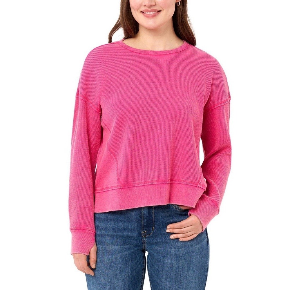 Seven7 Women's Long Sleeve Stretch Relaxed Fit Waffle Crewneck Top Hot Pink Sml